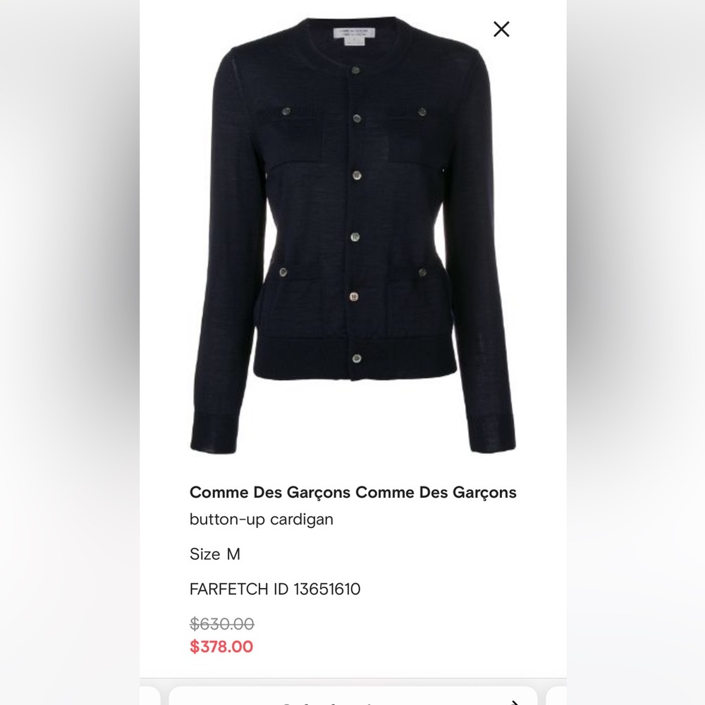 Comme des garçons Navy cardigan, 100% wool Size M